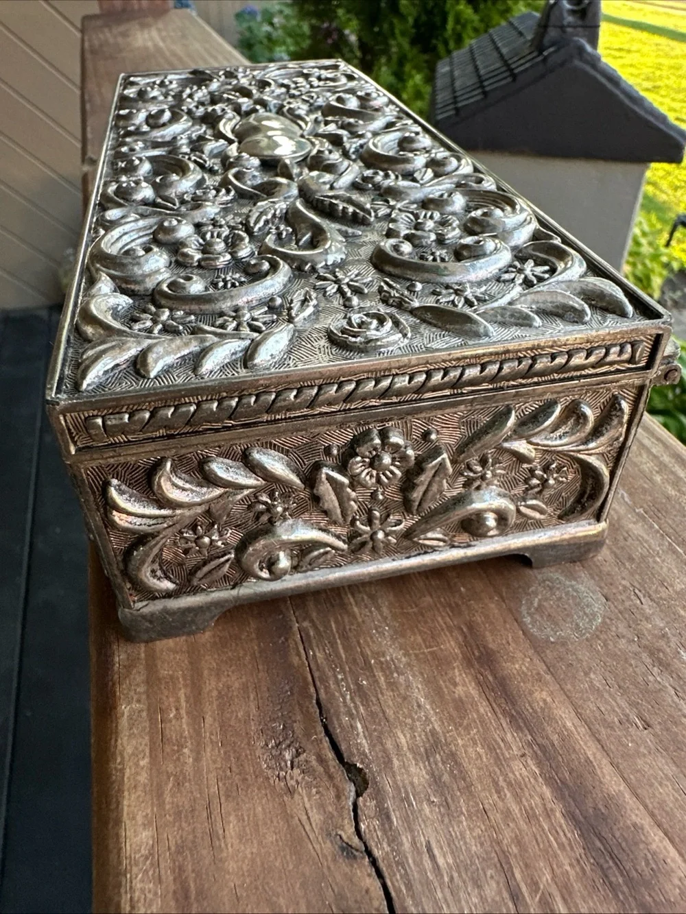 Godinger Silver Plated Ornate Floral Jewelry Box Integrated Mirror Velvet Lined